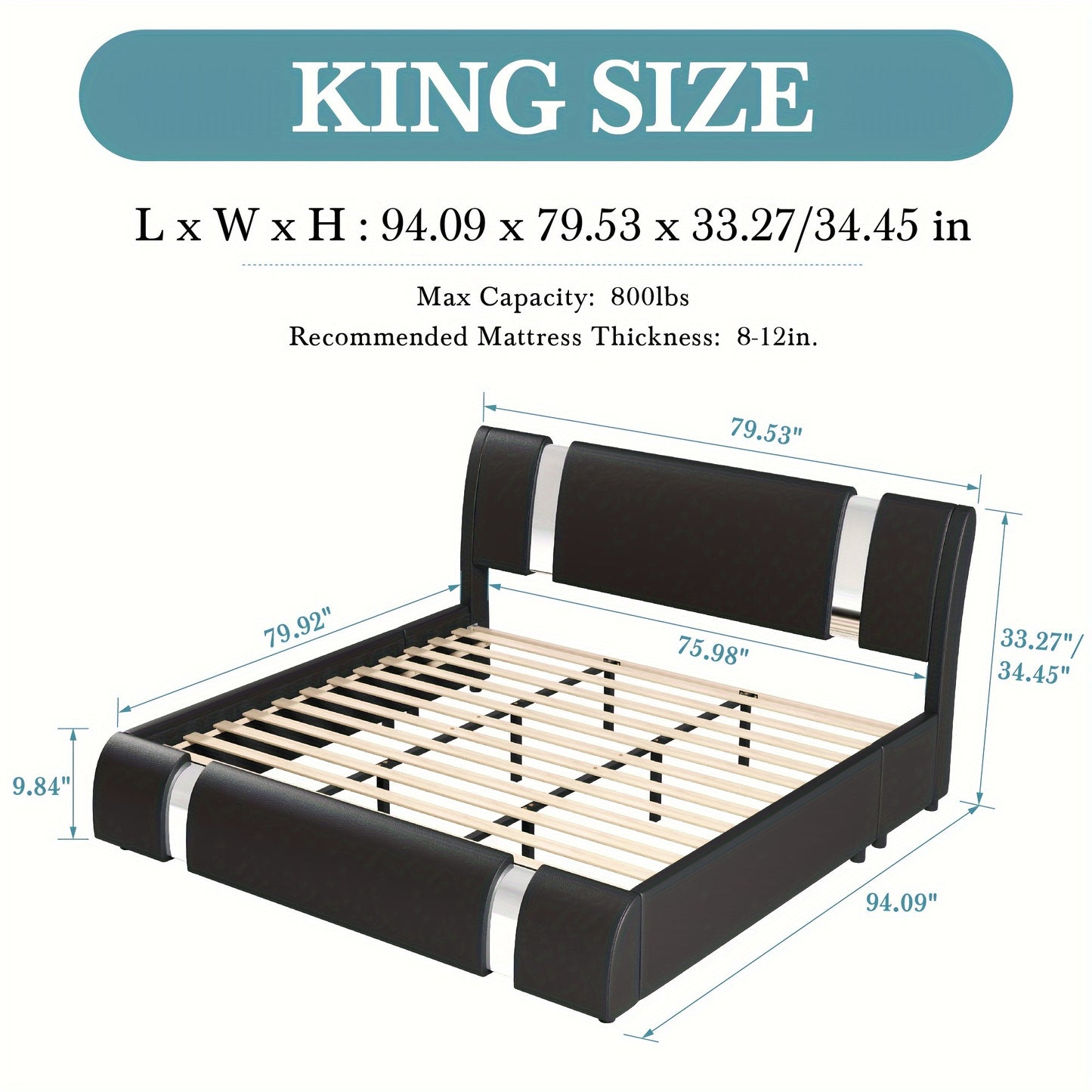 HOOMIC Modern Faux Leather Bed Frame With Iron Pieces Decor, Low Profile Platform Bed With Height-Adjustable Headboard, Solid Wood Slat Support, No Box Spring Needed