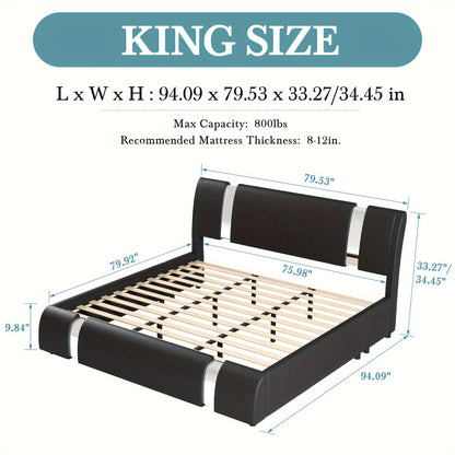 HOOMIC Modern Faux Leather Bed Frame With Iron Pieces Decor, Low Profile Platform Bed With Height-Adjustable Headboard, Solid Wood Slat Support, No Box Spring Needed