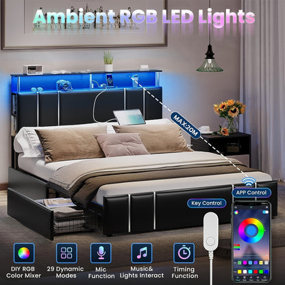 Full LED Bed Frame with Power Outlets and 4 Drawers, Upholstered Platform Bed with Open Shelves and Hidden Storage, Black