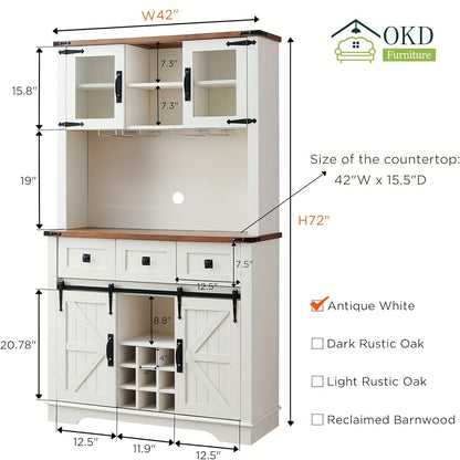 72" Farmhosue Bar Cabinet With Sliding Barn Door, Large Kitchen Buffet With Hutch W/Wine & Glasses Rack, 3 Drawers, 12 Storage Shelves, Rustic Coffee Bar Sideboard Table