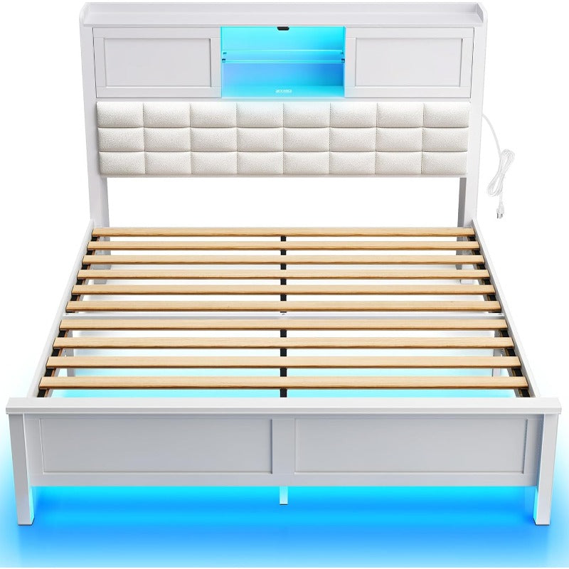 Greenstell Bed Frame Twin/Full/Queen Size with Charging Station, Bookcase Headboard Bed with LED Light and Sliding Doors, Platform Bed with Wooden Slats, No Box Spring Needed, Noise Free