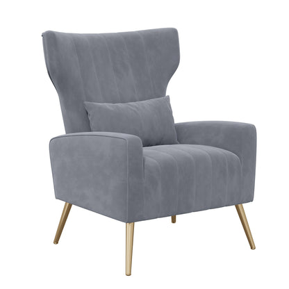 Modern Velvet Accent Chair with Metal Legs and Head Support – Cozy Mid-Century Reading Armchair, Includes Cushion and Footrest, Available in Gray/Yellow/Black