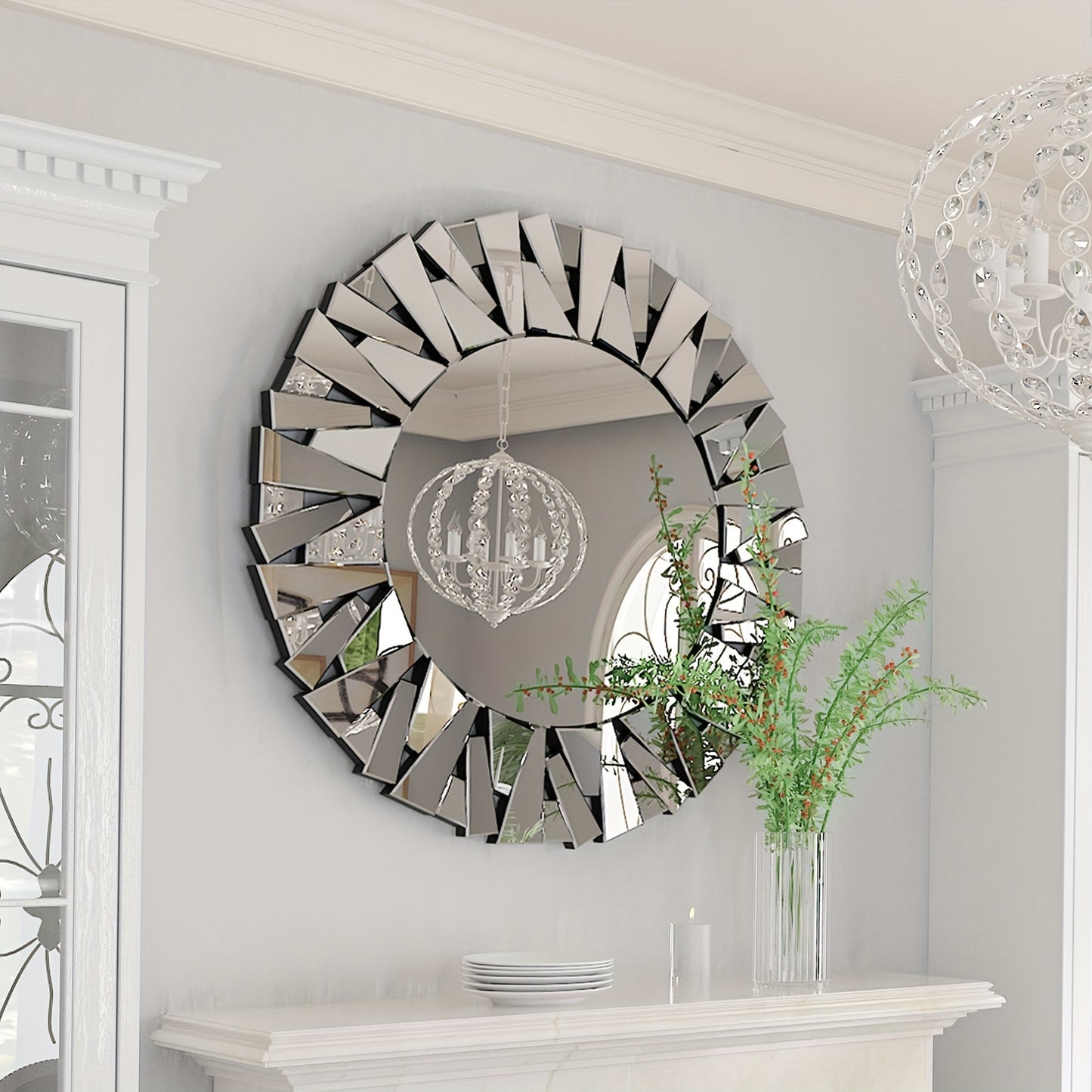 Round Decorative Mirror Wall 32 inch Large Silver Vanity with Beveled Glass Frame Edge and Back for Modern Home Mirrored Art Accent Decor Bathroom Bedroom Living Room