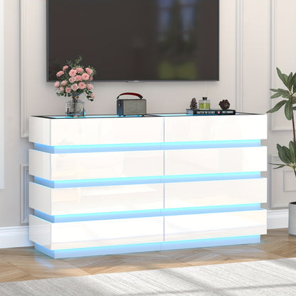 Modern 8-Drawer Dresser with Glass Top, High Gloss White Chest of Drawers, RGB LED Illumination, Wood-Based Panel & Hardwood Jewelry Display, with Closed Storage <3.2 Cubic Feet, for Bedroom, Living Room - US Plug, 110-130V