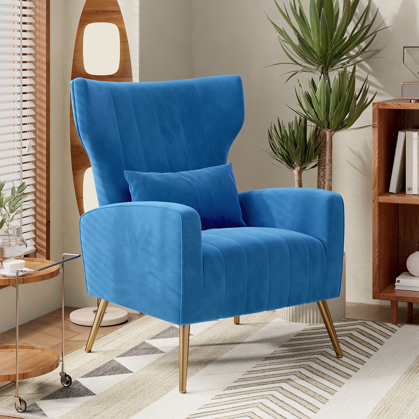 Modern Velvet Accent Chair with Metal Legs and Head Support – Cozy Mid-Century Reading Armchair, Includes Cushion and Footrest, Available in Gray/Yellow/Black