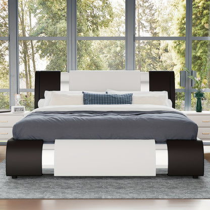 WEEWAY Bed Frame With Modern Iron Pieces Decor, Faux Leather Platform Bed With Curved Adjustable Headboard, Wood Slat Support, No Box Spring Required