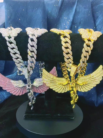 Glamorous Rhinestone Angel Winged Goddess Pendant Necklace with Butterfly - Unisex Zinc Alloy Cuban Chain for Party, Street Style, Night Club - Hip Hop Rapper Jewelry, Thanksgiving and Christmas Gift