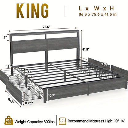 Bed Frame Available in Full, Queen, And King Sizes Featuring LED Lights And a Charging Station. This Metal Platform Bed Includes a Two-Tier Wooden Storage Headboard And Four Storage Drawers. It Operates Quietly, Does Not Requ