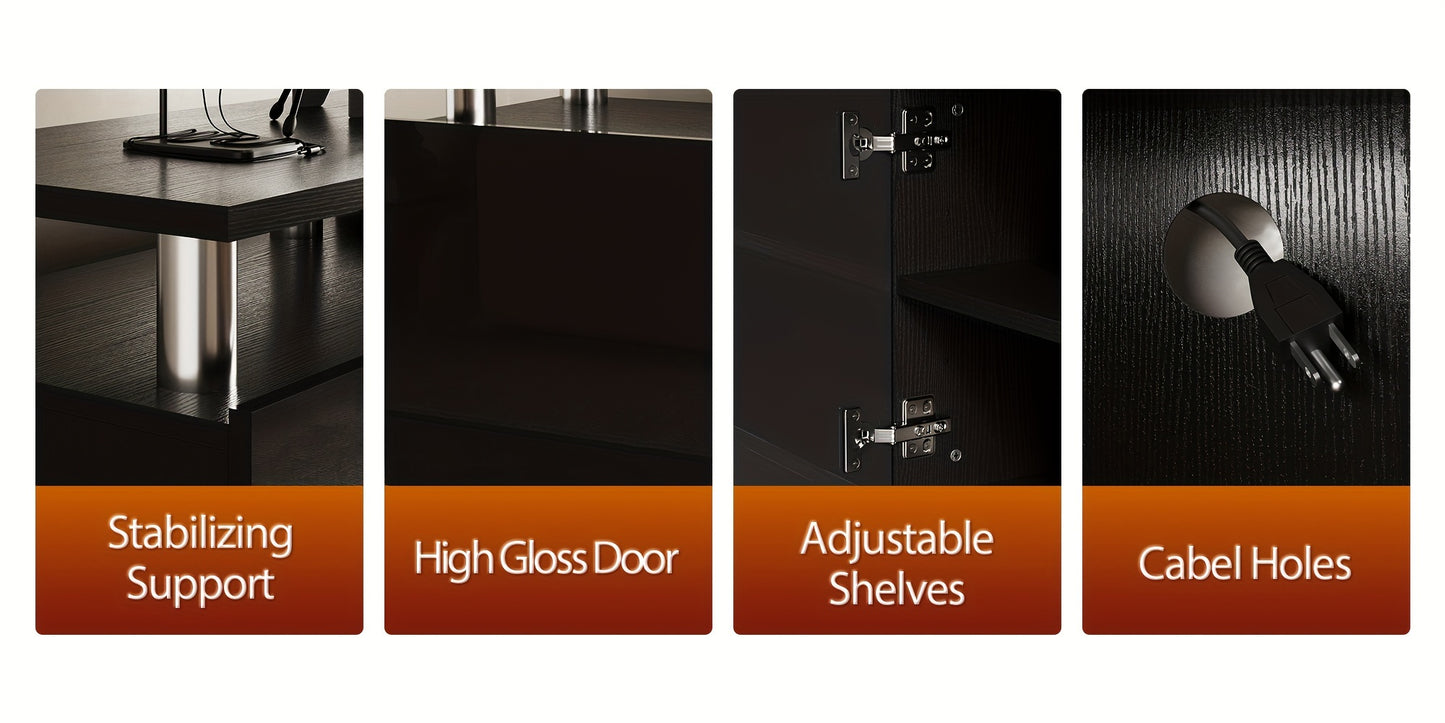 70"/80" Modern Electric Fireplace TV Stand For TVs Up To 80 Inch, With Electronic Flame And LED Lights, Luxury High Gloss Finish Entertainment Center For Living Room, Black