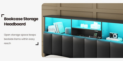 MSmask Queen Size LED Bed Frame with Storage Headboard, 4 Drawers & Bookcase - Contemporary Metal Design, RGB Lighting, Built-in Charging Station, Ideal for Modern Bedrooms