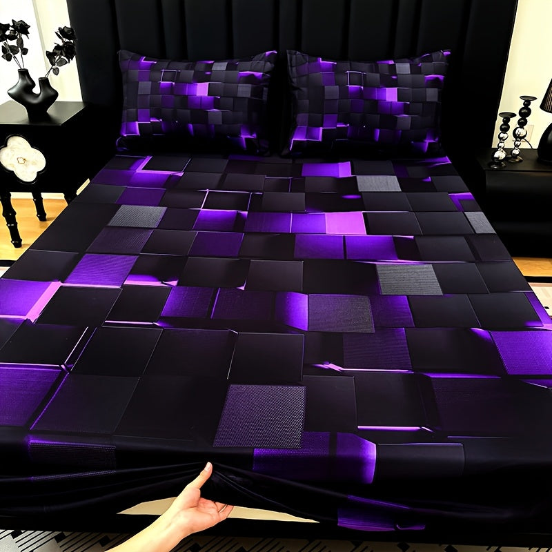 3pcs Cool Technology Digital Printing Material Plaid Fitted Sheet(1pc Bed Sheet+2pcs Pillowcase No Filling)Deep Pocket In 15 Inch At Home Dormitory Suitable for All Seasons Mattress Protector