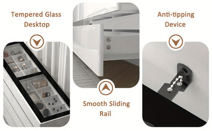 Modern 8-Drawer Dresser with Glass Top, High Gloss White Chest of Drawers, RGB LED Illumination, Wood-Based Panel & Hardwood Jewelry Display, with Closed Storage <3.2 Cubic Feet, for Bedroom, Living Room - US Plug, 110-130V