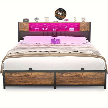 Unikito Queen Bed Frame with LED Light & Power Outlet, Platform Bed with Upholstered Headboard and Storage Cabinet, Heavy Duty Metal Slats, No Box Spring Needed, Easy Assembly, Noise-Free, Black Oak