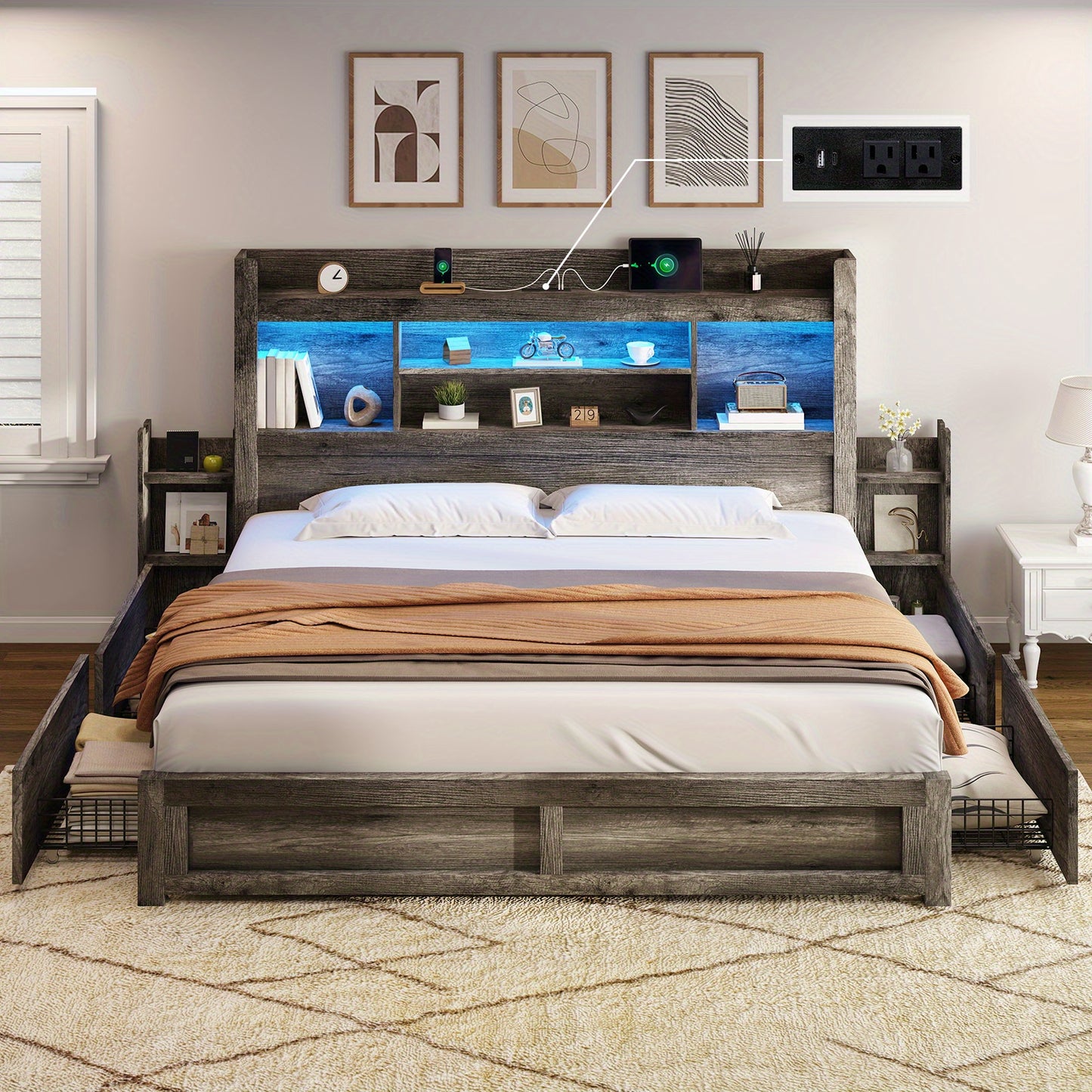 PAPABABE Bed Frame Featuring a 49.6-Inch Bookcase Headboard, Four Drawers, And Two Removable Storage Racks - a Farmhouse-Style Wooden Bed Frame Equipped with RGB LED Lights And a Charging Station, No Box Spring Required.