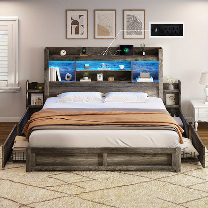 PAPABABE Bed Frame Featuring a 49.6-Inch Bookcase Headboard, Four Drawers, And Two Removable Storage Racks - a Farmhouse-Style Wooden Bed Frame Equipped with RGB LED Lights And a Charging Station, No Box Spring Required.