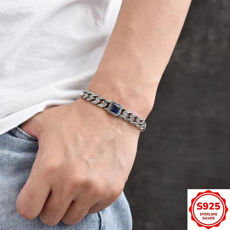 1pc S925 925 Silvery Plated-plated Men's bracelet, vintage style, with Arabic patterns, hypoallergenic, available in blue, green, and black, unique design, fashionable and versatile, suitable for both men and women, simple de