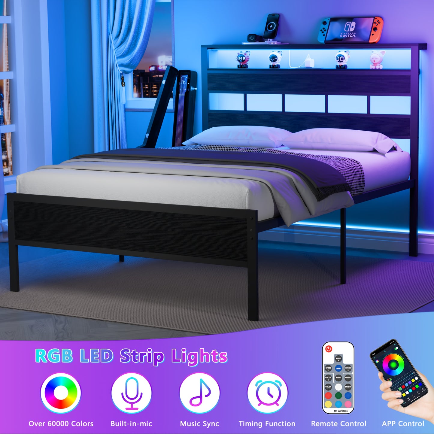 Queen Size Platform Bed Frame with RGB LED Lights, USB Charging Station & Storage Headboard, Modern Smart Bed with Under Bed Storage, Noise-Free, Easy Assembly