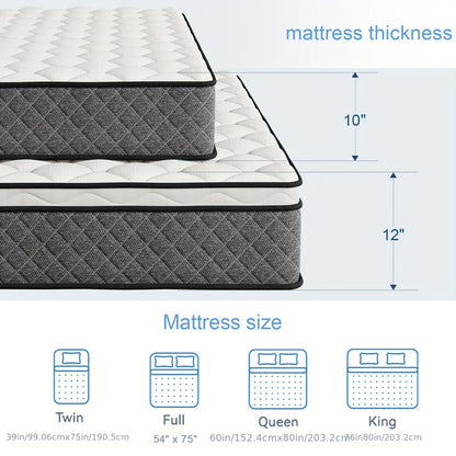 Mattress, 12 Inch Innerspring Hybrid Mattress In A Box With Gel Memory Foam, Individually Wrapped Encased Coil Pocket Spring Mattress, Pressure Relief, Medium Firm Support