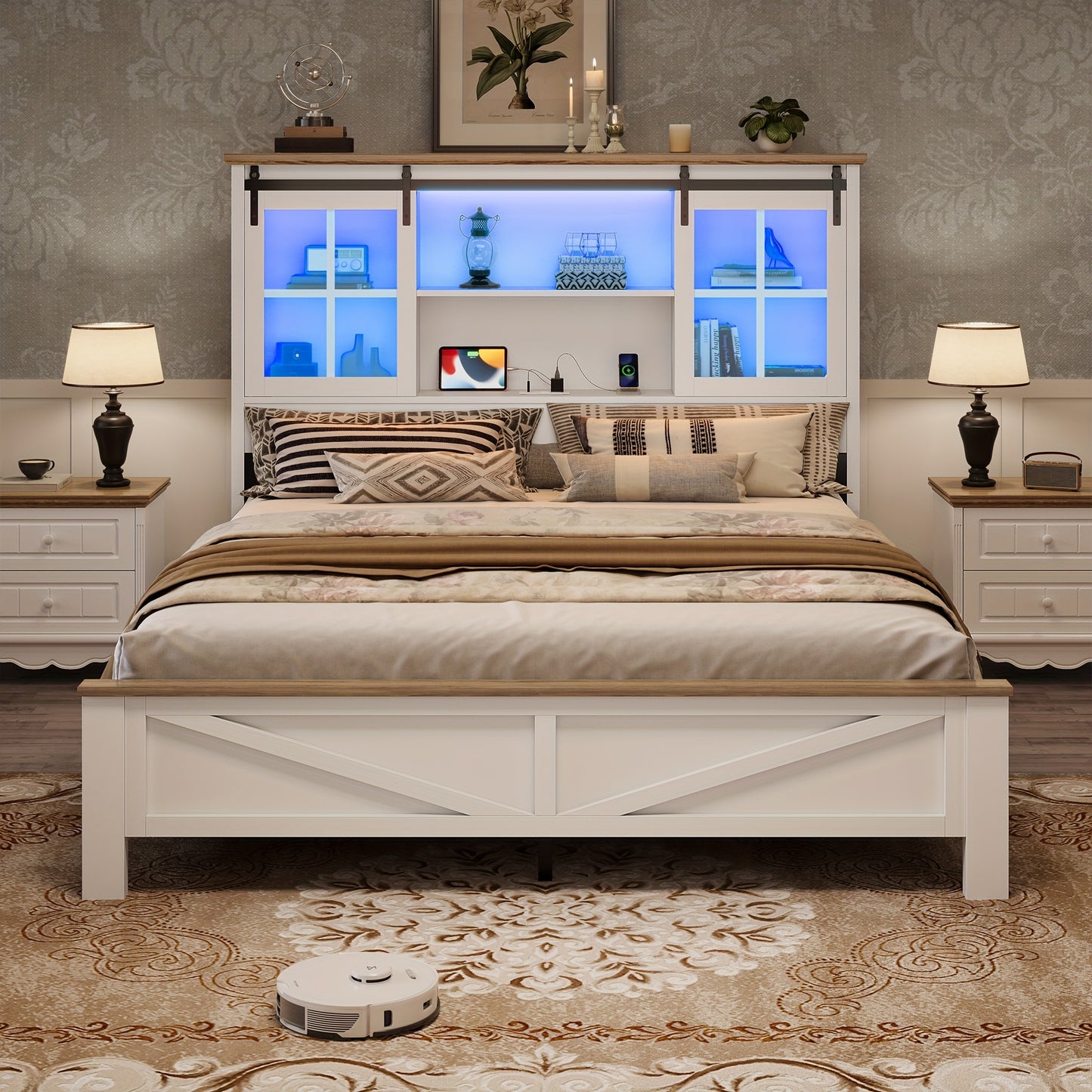 Farmhouse Queen Size Bed Frame with Bookcase Headboard Platform Bed Frames with LED Lights & Charging Station, Queen Storage Bed with Sliding Barn Door, Noiseless, White
