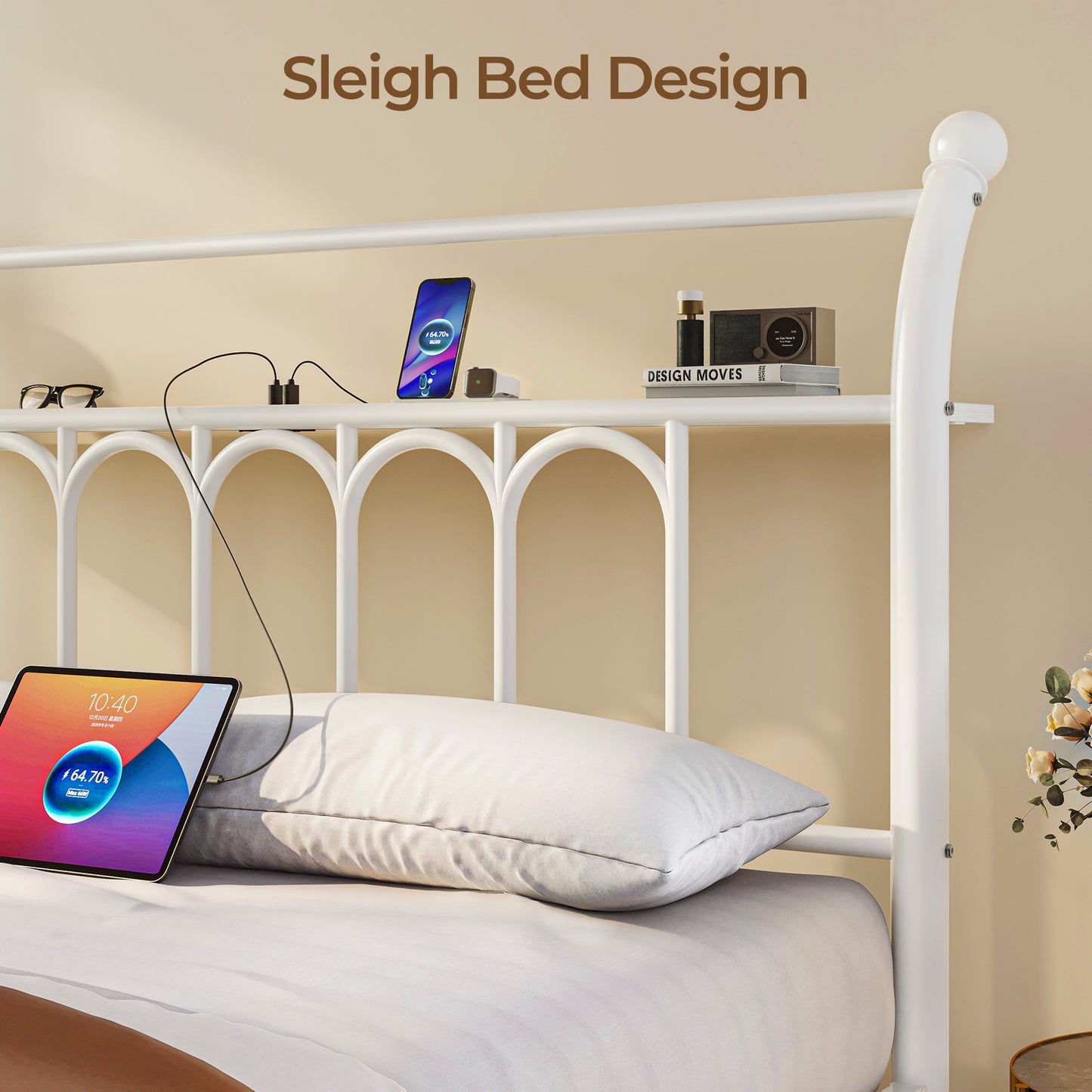 Classic Metal Platform Bed Frame with Victorian Style Iron-Art Headboard/Footboard/Under Bed Storage/No Box Spring Needed