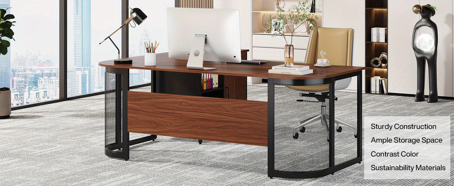 63-Inch Executive Desk - Large L-Shaped Desk with Drawer Cabinet & Storage Shelves - Corner Executive Office Desk - Business Furniture Set Workstation for Home Office - For Professionals & Entrepreneurs - Perfect for Home Off