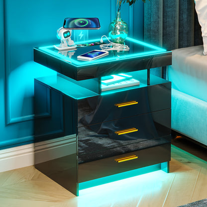 Lvifur High Gloss Nightstand With Wireless Charging Station, Smart Night Stand With RGB Dynamic Lighting, Modern Bed Side Table With Drawers Sliding Tray, Glass Tabletop