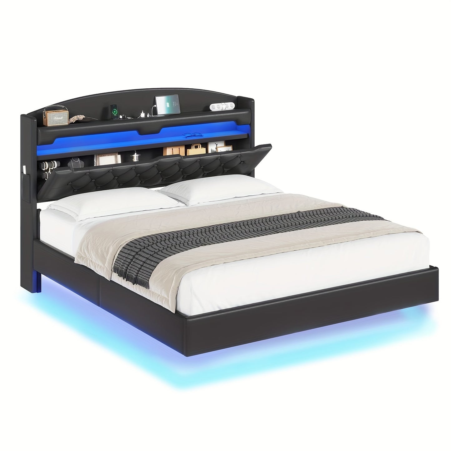 King Size Floating Bed Frame with LED Lights and Charging Station, Upholstered Leather Platform King Bed Frame with Hidden Storage Headboard, No Box Spring Needed, Black PU