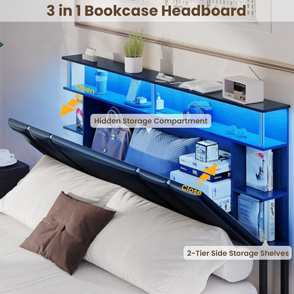 Full LED Bed Frame with Power Outlets and 4 Drawers, Upholstered Platform Bed with Open Shelves and Hidden Storage, Black