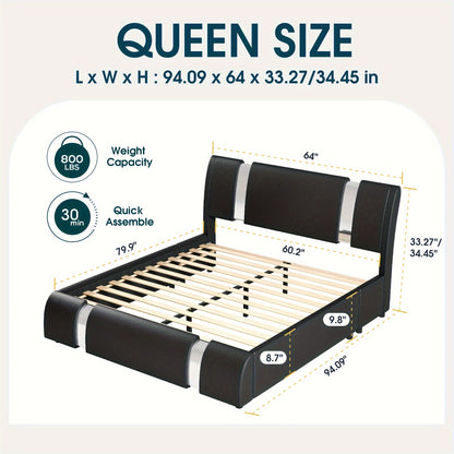 WEEWAY Bed Frame With Modern Iron Pieces Decor, Faux Leather Platform Bed With Curved Adjustable Headboard, Wood Slat Support, No Box Spring Required