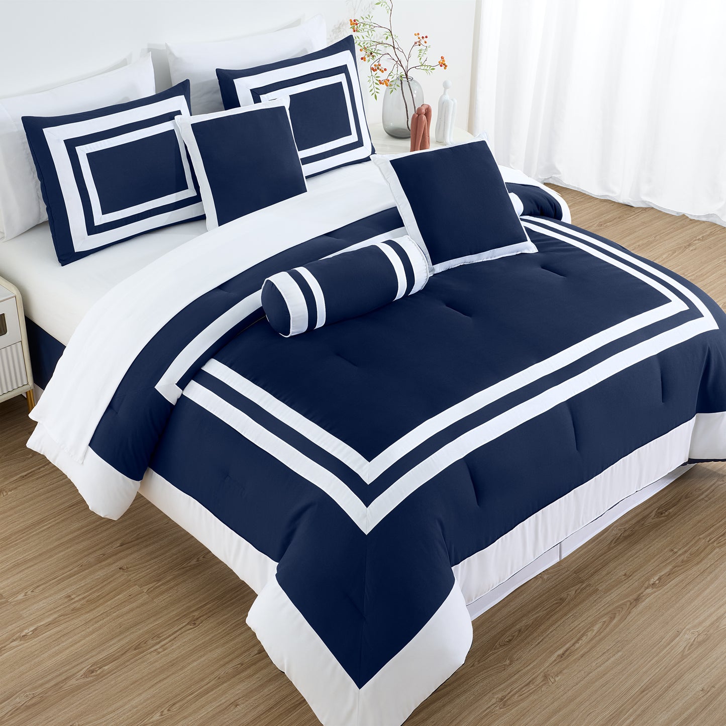 Caprice 7-Piece Modern Hotel Style Square Pattern Comforter Set with Decorative Pillows, Cal King/King/Queen/Full Size