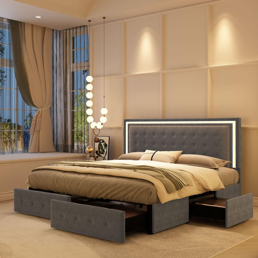 LED Queen Bed Frame - 4 Drawers & Adjustable Headboard