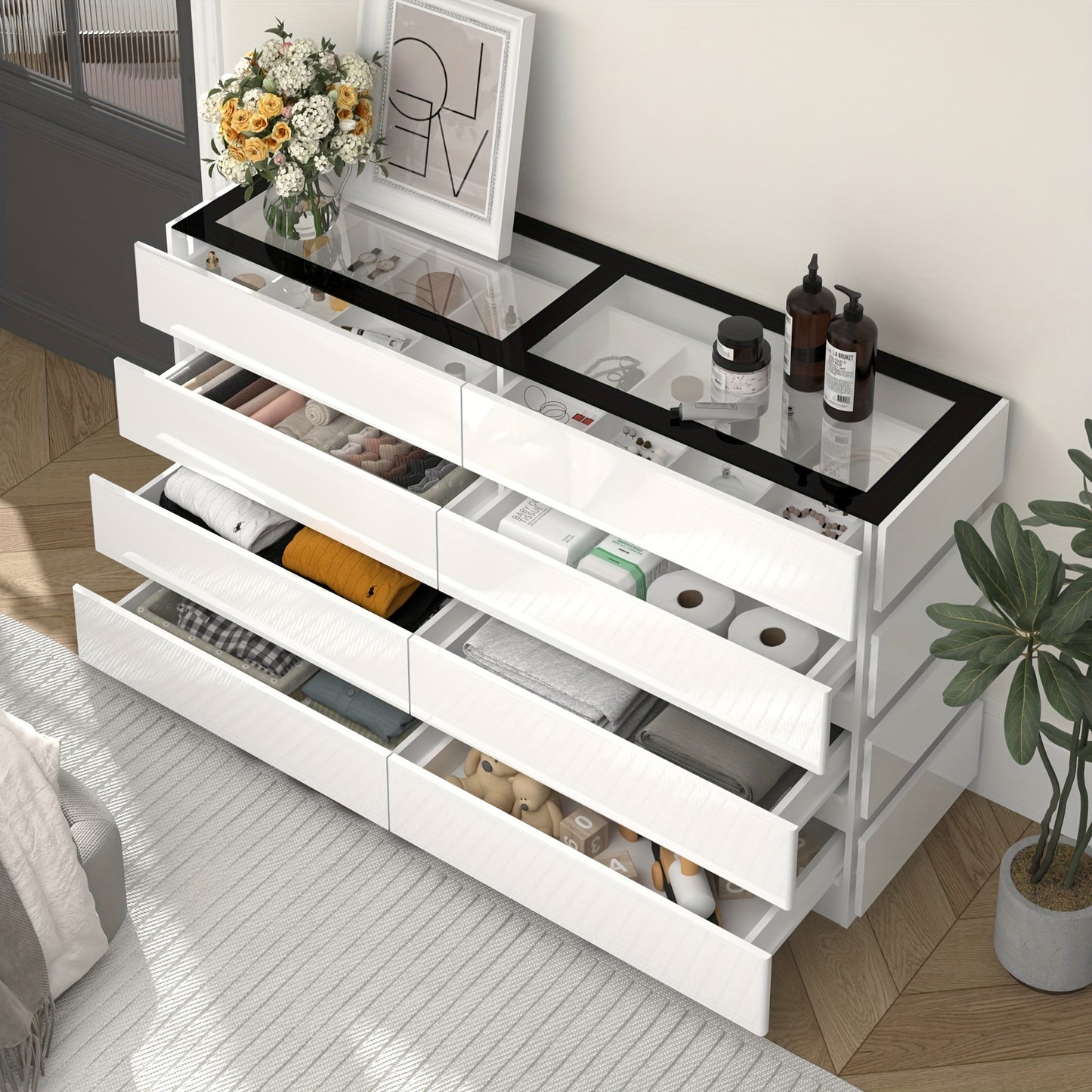 Modern 8-Drawer Dresser with Glass Top, High Gloss White Chest of Drawers, RGB LED Illumination, Wood-Based Panel & Hardwood Jewelry Display, with Closed Storage <3.2 Cubic Feet, for Bedroom, Living Room - US Plug, 110-130V