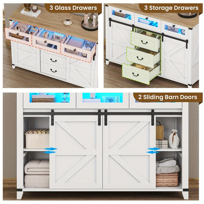 Farmhouse Dresser with LED Lights & Glass Drawers, Chest of Drawers with Sliding Barn Doors for Living Room Bedroom Entryway, White
