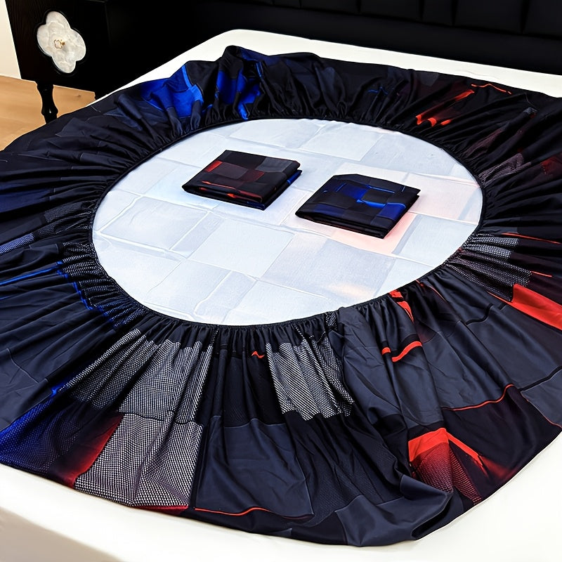 3pcs Cool Technology Digital Printing Material Plaid Fitted Sheet(1pc Bed Sheet+2pcs Pillowcase No Filling)Deep Pocket In 15 Inch At Home Dormitory Suitable for All Seasons Mattress Protector