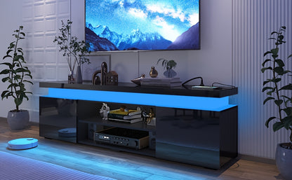 LED TV Stand For 85 Inch TV, Modern Gaming TV Stand With Power Outlet, High Gloss TV Console Entertainment Center With Storage And LED Lights For Living Room, Bedroom