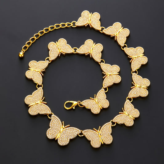 Elegant Butterfly Link Chain Necklace for Women - 1pc, Zinc Alloy with Synthetic Stones, Rhinestone Encrusted, Luxurious Iced-Out Hip Hop Jewelry, Ideal for Daily Wear & Festivals, Perfect Valentine's Day Gift