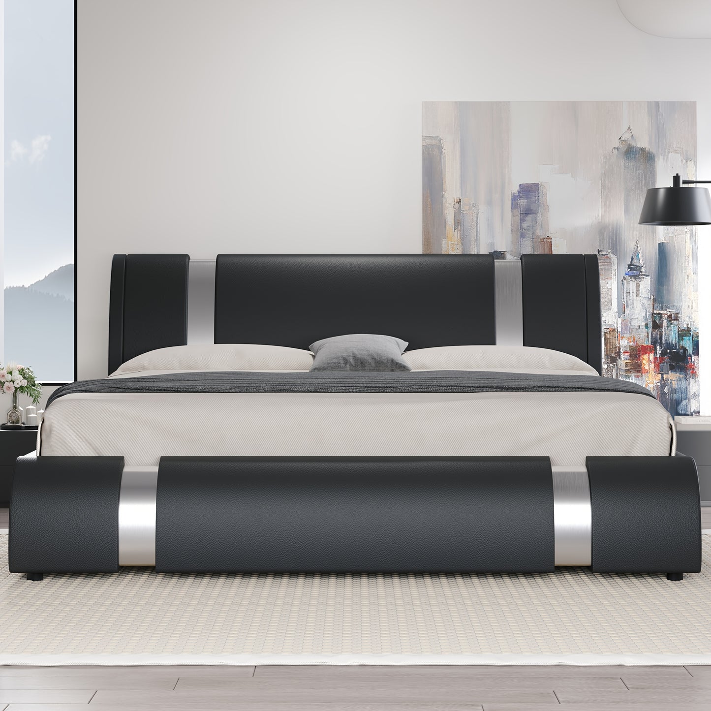 HOOMIC Modern Faux Leather Bed Frame With Iron Pieces Decor, Low Profile Platform Bed With Height-Adjustable Headboard, Solid Wood Slat Support, No Box Spring Needed