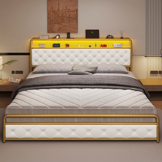 King Bed Frame With Headboard And Charging Station, Modern LED Platform Bed Frame With LED Lights And 2 USB Ports, White
