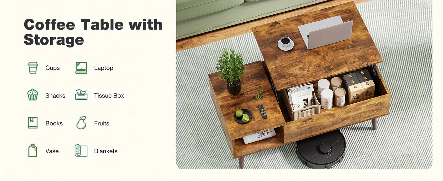 Vintage Lift-Top Coffee Table with Hidden Storage and Adjustable Shelf - Durable Wood, Ideal for Living Room