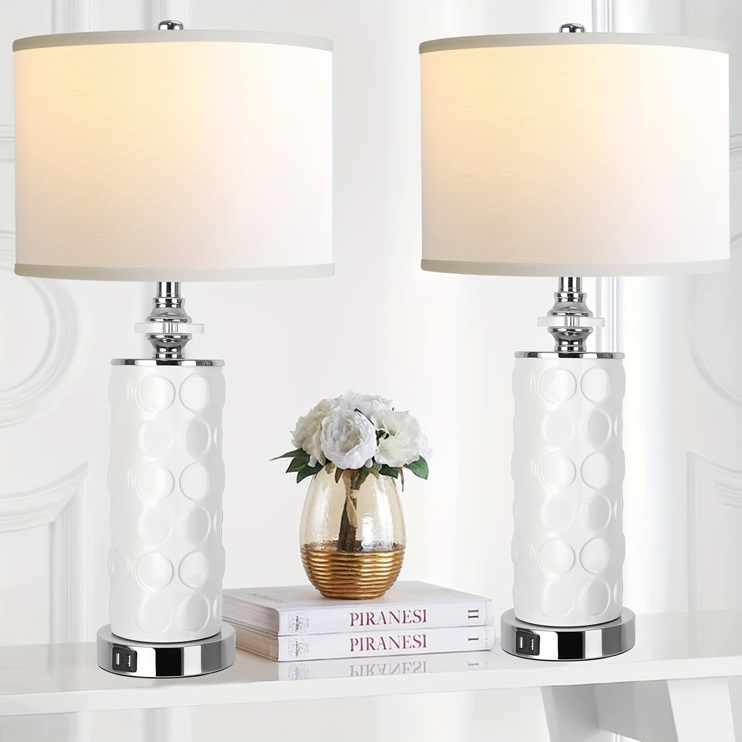 QiMH Modern Ceramic Tall Table Lamp for Bedroom, Living Room, Set of 2, 3-Direction Dimmable Touch Control Bedside Lamp with Dual USB Ports for Nightstand, 27'' White