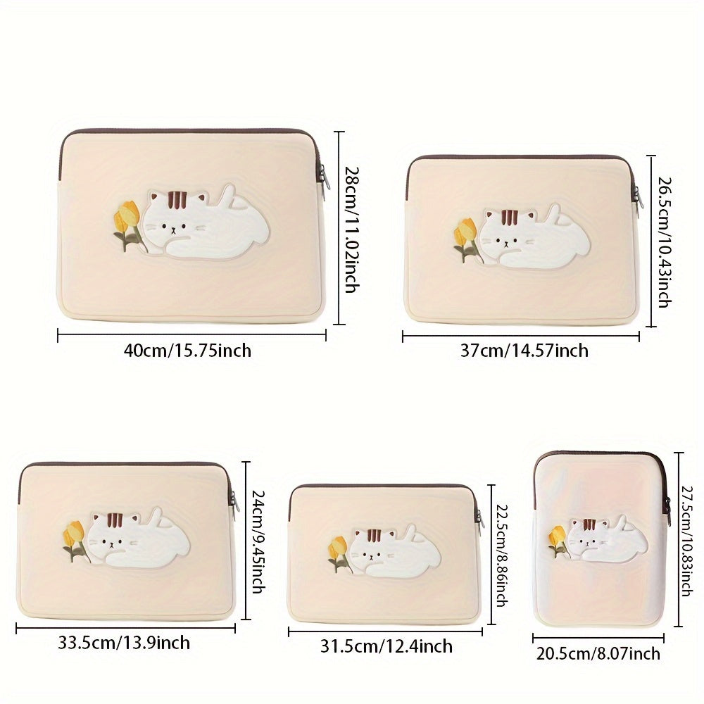 1pc Beige White Tulip Cute Cat Liner Computer Bag, Knitted Fabric Embroidery Craft Can Place Tablets