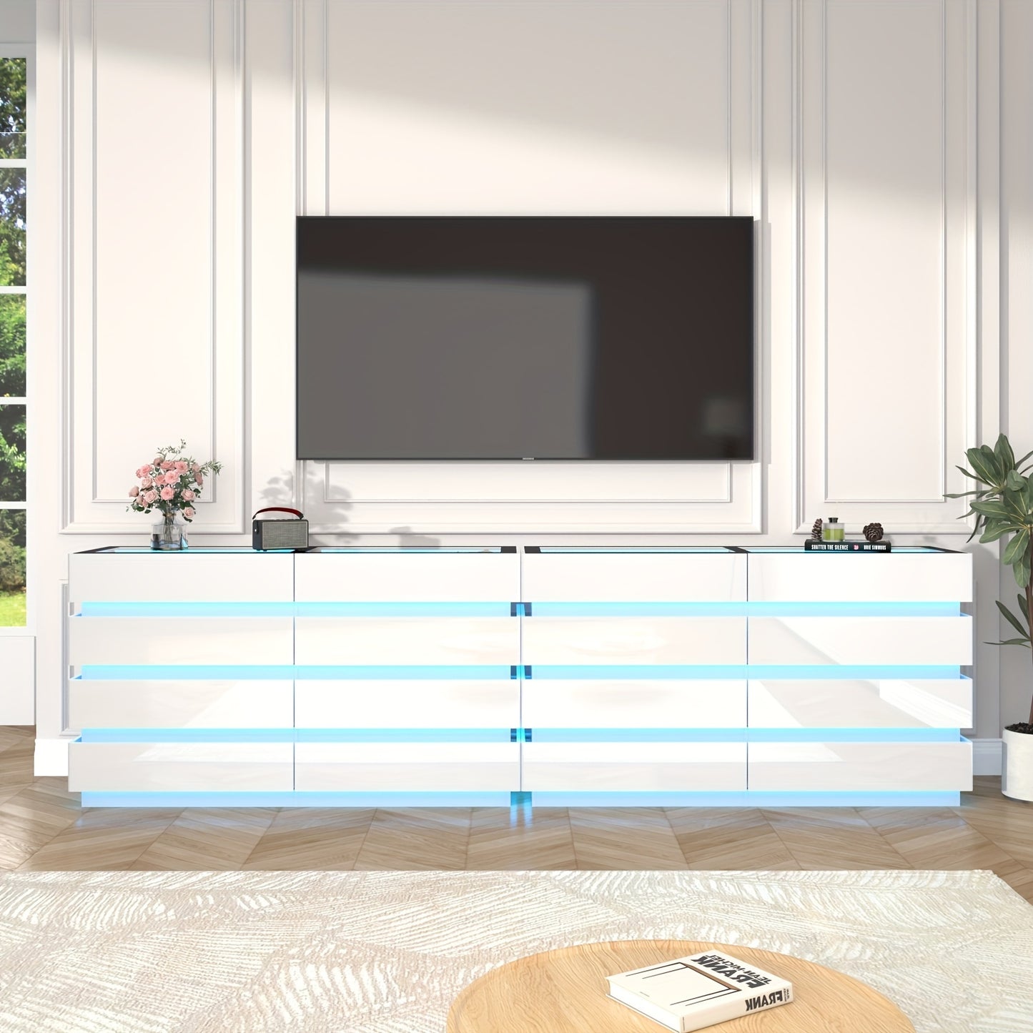 Modern 8-Drawer Dresser with Glass Top, High Gloss White Chest of Drawers, RGB LED Illumination, Wood-Based Panel & Hardwood Jewelry Display, with Closed Storage <3.2 Cubic Feet, for Bedroom, Living Room - US Plug, 110-130V
