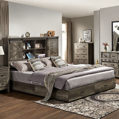 Farmhouse-Style Wooden Platform Bed Frame Boasting a 51.2" Bookcase Headboard, Integrated Storage with a Sliding Barn Door Charging Station and 2 Drawers - No Box Spring Required, Totally Noise-Free