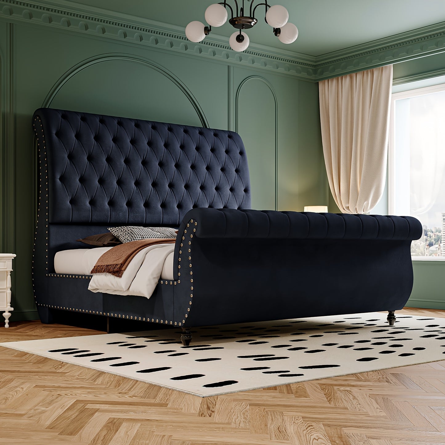 Elegant Velvet Sleigh Bed with Scrolled Headboard & Footboard - Button-Tufted, No Box Spring Needed