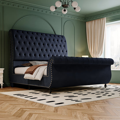 Elegant Velvet Sleigh Bed with Scrolled Headboard & Footboard - Button-Tufted, No Box Spring Needed