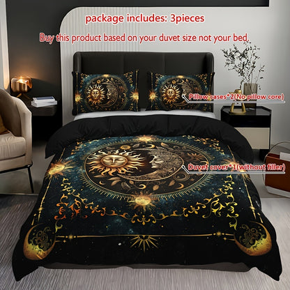 3pcs Bedding Set - Elegant & Golden Sun/Moon/Planets Print Duvet Cover with 2 Pillowcases, All-Season Luxury Bedspread for Queen/King Size Beds, Machine Washable Polyester Bedding For Home & Dorm Decor