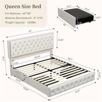Sibeds Queen Size Upholstered LED Bed Frame With Storage Drawers, King Size Platform Storage Full Bed With Crystal Button Tufted Headboard And Solid Slats Support, Noise Free, No Box Spring Needed, PU Luxury Beds Girls Men's
