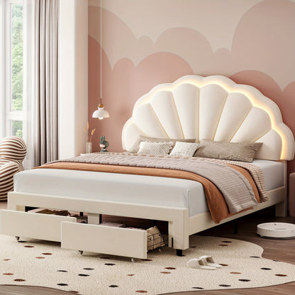 FULTRU LED Bed Frame With Large Storage Drawer, Velvet Upholstered Platform Bed With Adjustable Floral Headboard