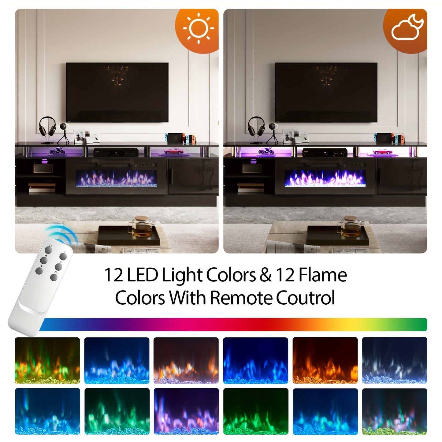 70"/80" Modern Electric Fireplace TV Stand For TVs Up To 80 Inch, With Electronic Flame And LED Lights, Luxury High Gloss Finish Entertainment Center For Living Room, Black