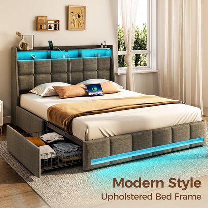 Twin Full Queen Bed Frame with LED Lighting, Built-in Charging Station, have RemotePU Leather/neutral-toned linen fabric Storage Headboard & Drawers,Heavy Duty Wood Slats, Quick & Easy Assembly - Perfect for Bedroom Furniture
